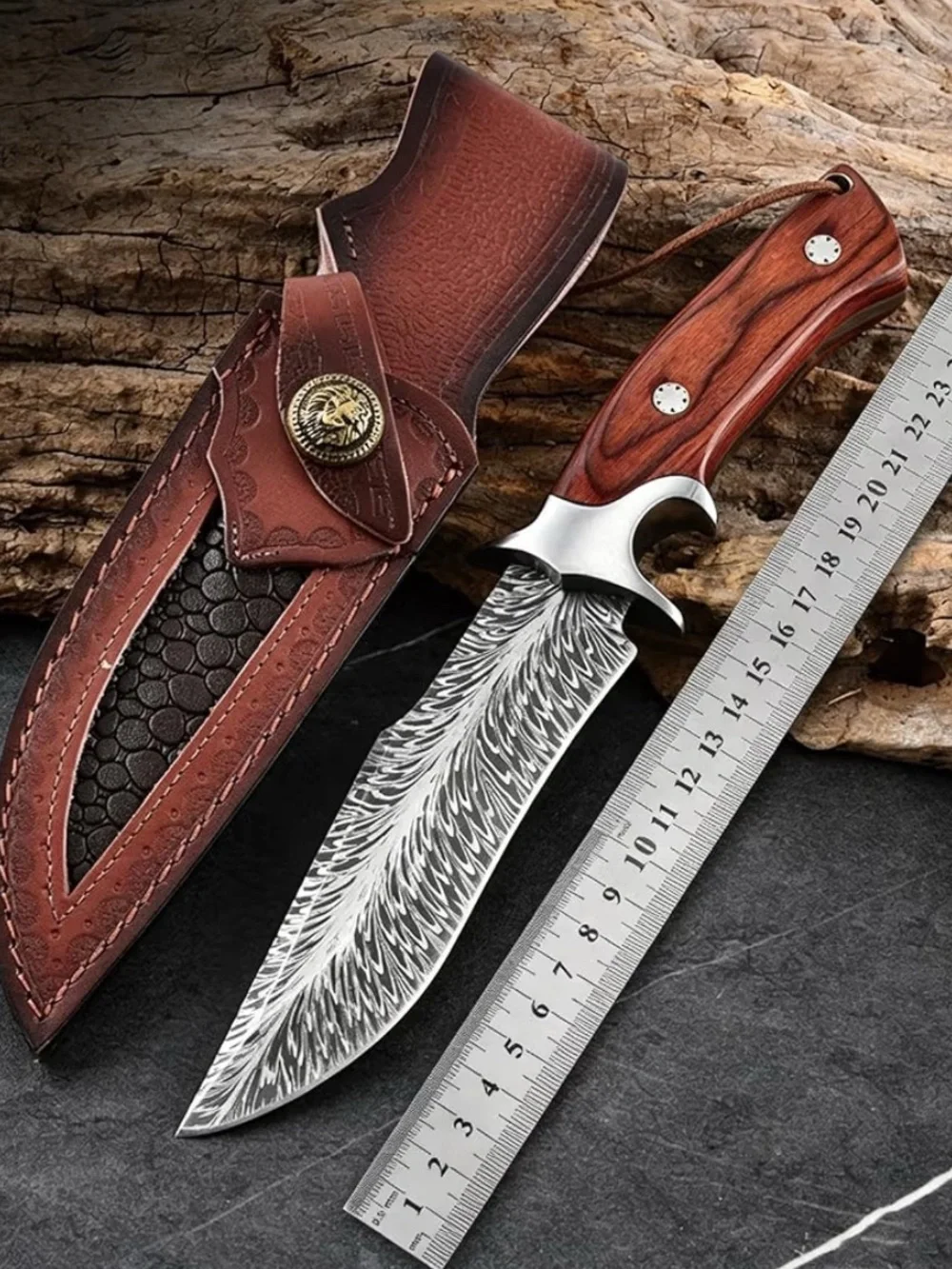 Premium Brown Wood-Handle Hunting cooking camping Knife with Sheath
